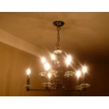 *A pair of modern 10 light, 5 branch ceiling lights with gun metal finish, 22" drop, together with a