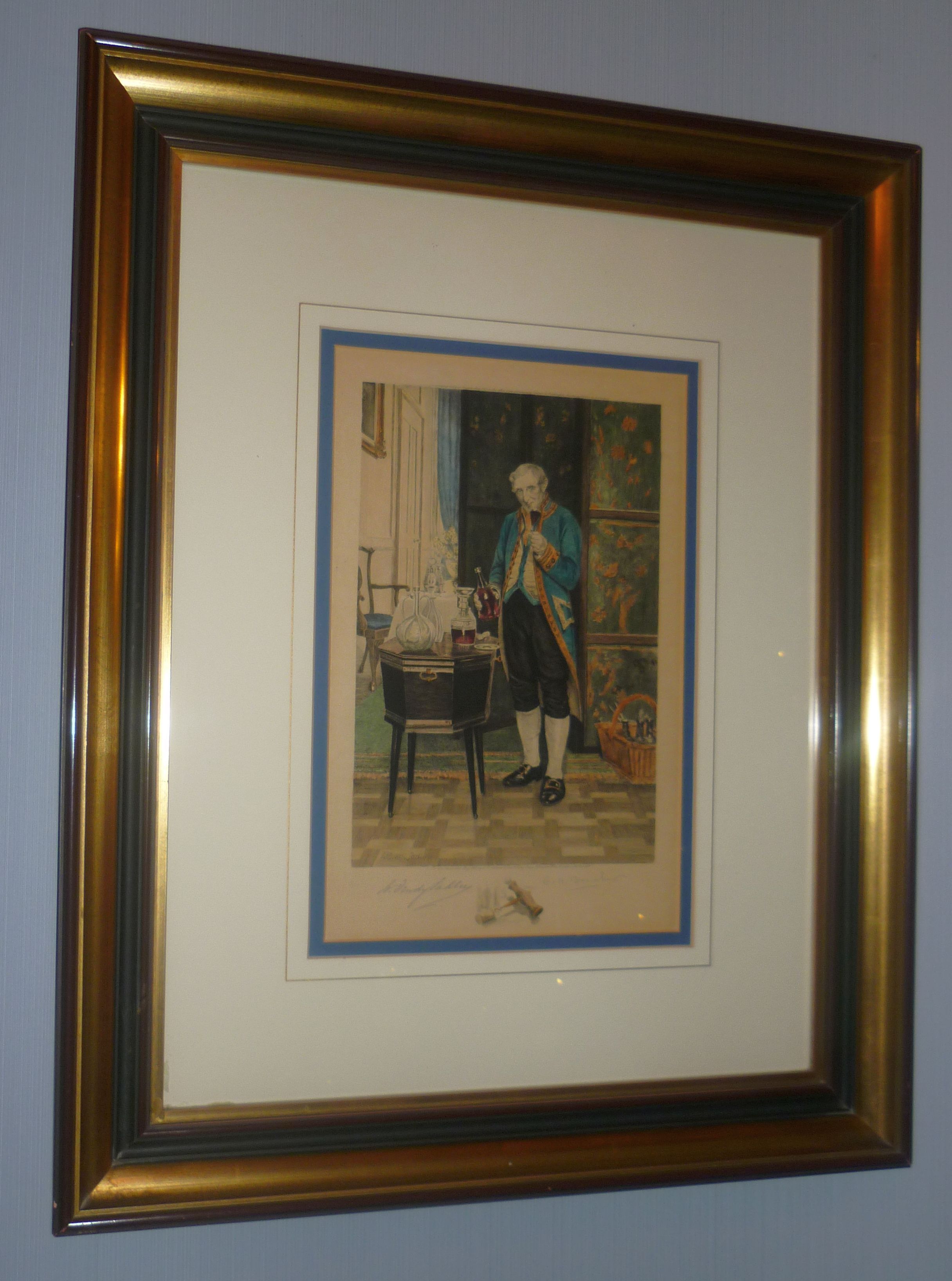 *Dendy Sadler by Boucher Coloured Engraving Signed by Both Artists Butler with glass of red wine and