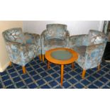 *Set of 4 modern tub chairs covered in floral turquoise fabric, together with a circular