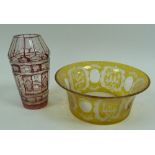 *AMBER STAINED GLASS BOWL, of steep sided, flared form, wheel cut with cartouches containing