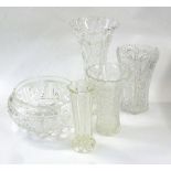 A LARGE CUT GLASS CIRCULAR LIGHT SHADE AND TWO CUT GLASS VASES AND TWO OTHER VASES (5)