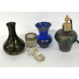 VICTORIAN GLASS BOOT PATTERN MATCH HOLDER WITH SILVER RIM, GLASS PERFUME SPRAY AND TWO COLOURED