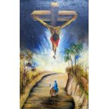 GAMBINI OIL PAINTING ON CANVAS Holy family travelling and image of Christ on the cross in the sky
