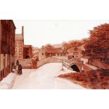 CHRISTINE HILL (Twentieth Century) SEPIA WATERCOLOUR Village scene with three figures and bridge