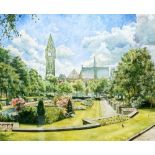 PAUL DRIVER (Twentieth Century) WATERCOLOUR DRAWING Memorial Gardens and church signed and dated