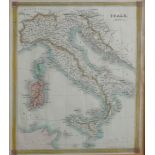 NINETEENTH CENTURY HAND COLOURED MAP OF ITALY 9 1/2" X 7 1/2" (24.1cm x 19.1cm) framed and glazed