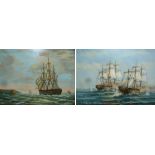 H. MELVILLE (Twentieth Century) TWO OIL PAINTINGS ON CANVAS French and British Man-O-War Battleships