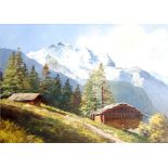 ANT (?) (Twentieth Century) OIL PAINTING ON ARTIST BOARD Alpine landscape with cabins and trees in