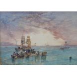 JOHN F. SALMON WATERCOLOUR DRAWING Coastal scene with fishing boats and figures 'Nore Sun Rise' 7" x