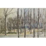 JAC ALAIN (French, Mid Twentieth Century) WATERCOLOUR Wooded landscape with dwelling 'Les