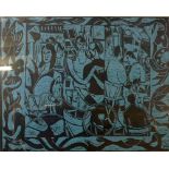 DAMIAN WOOD WOODCUT Figures in a night club labelled verso 18" x 23" (46cm x 58.5cm)