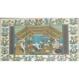 AN INDO-PERSIAN GOUACHE DRAWING, ON WOVEN MATERIAL of Dignitaries beneath a canopy within a floral