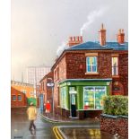PATRICK BURKE (modern) PASTEL DRAWING A northern street scene with corner shop and figures Signed 12