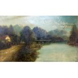 CONTINENTAL SCHOOL LARGE OIL PAINTING ON CANVAS Lake scene with man fishing from a boat, cottage and