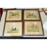 SET OF SIX HAND COLOURED ENGRAVURES OF FOX HUNTING 4 3/4" X 6 1/2" FRAMED AND GLAZED (6)