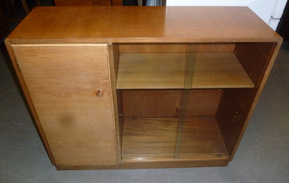 A WALNUTWOOD VENEER 1970's CORNER BUREAU UNIT (A.F.) AND A SIMILAR DWARF BOOKCASE WITH CUPBOARD