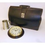 REAL COWHIDE BRIEFCASE, A 'BASKERVILLE' QUARTZ WALL CLOCK, IN CIRCULAR OAK CASE AND A PEWTER PINT