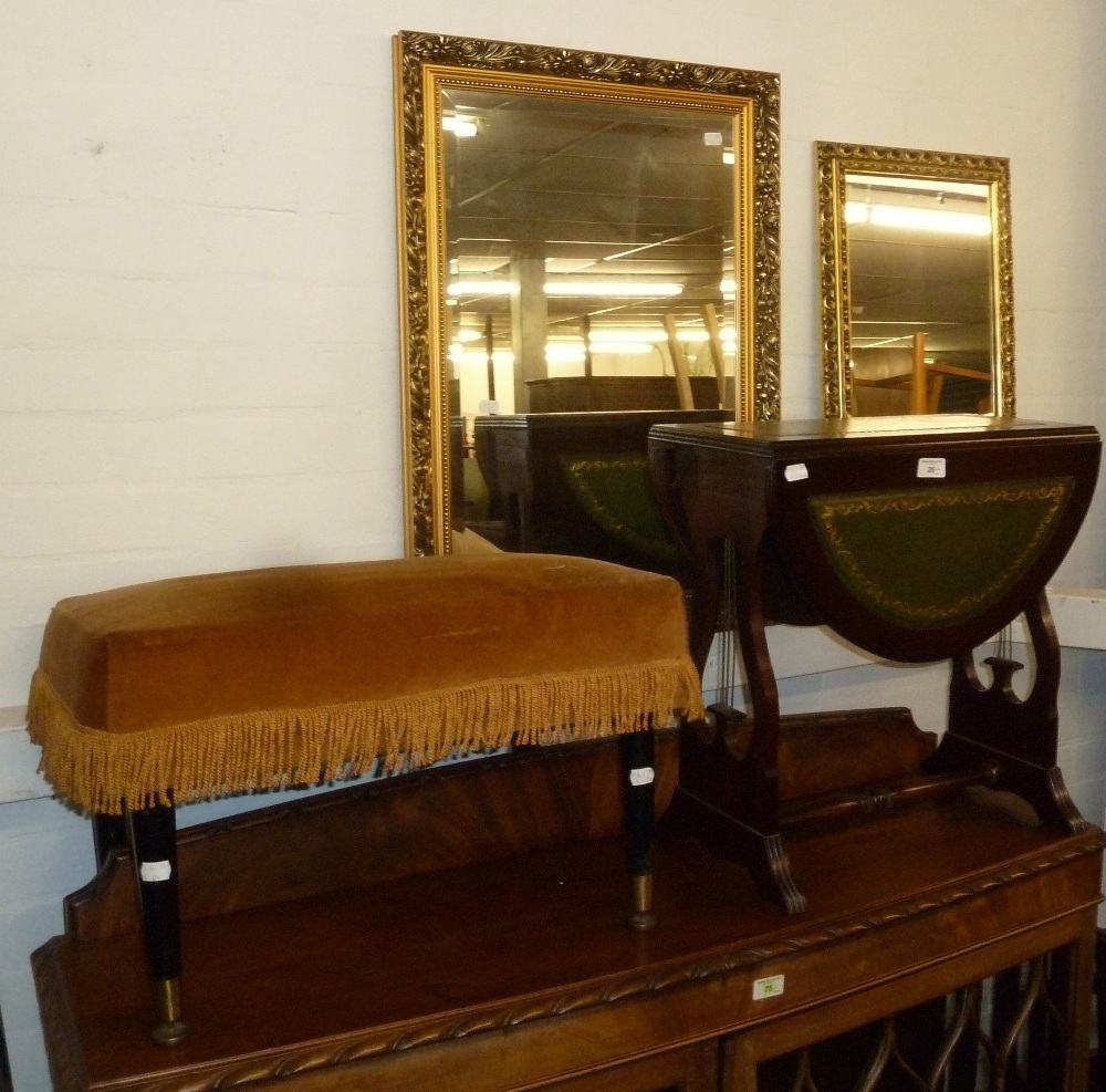 DRESSING STOOL AND OBLONG BEVELLED EDGE WALL MIRROR IN GILT FRAME AND A MAHOGANY SUTHERLAND COFFEE