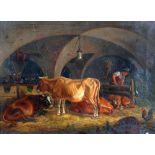 UNATTRIBUTED, NINETEENTH CENTURY ENGLISH SCHOOL oil painting Cattle and figure in a vaulted room 10"