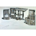 NORMAN McDONALD (20th CENTURY) FOUR MIXED MEDIA WORKS 'Table and chairs in Gwydyr Hotel garden,