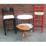 TWO PAINTED WOOD BAR STOOLS, A CARVED MIDDLE EASTERN OCCASIONAL TABLE ON FOLDING BASE AND A TEA