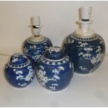 TWENTIETH CENTURY BLUE AND WHITE GINGER JAR AND COVER, 'PRUNUS' PATTERN AND TWO FURTHER EXAMPLES,