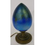 A CONTEMPORARY TABLE LAMP OF BLUE/GREEN LUSTRE SHADE ON MATT BRONZE STAND AND ANOTHER (2)