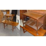 CIRCA 1960'S TEAKWOOD TWO TIER TEA TROLLEY (POSSIBLY G-PLAN), A TEAKWOOD COFFEE TABLE AND A SQUARE