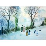 HELEN BRADLEY ARTIST SIGNED COLOUR PRINT 'Winter park scene with figures and dogs' 10 3/4" x 14 3/4"