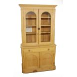 A VICTORIAN PINE LIBRARY BOOKCASE WITH TWO GLAZED DOORS, THE ADVANCED BASE WITH ONE LONG DRAWER OVER