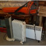 TUBULAR STEEL BREAKFAST BAR STOOL, TWO FOLDING STOOLS AND THREE VARIOUS ELECTRIC HEATERS