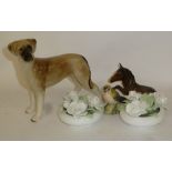 TWO BESWICK FIGURE ORNAMENTS OF A BIRD AND HORSE, TWO ROYAL ALBERT CANDLE HOLDERS AND POTTERY DOG