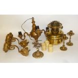 PAIR OF BRASS CANDLESTICKS, AN OLD OIL LAMP, CENTRE LIGHT AND TWO WALL LIGHTS