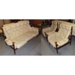 STYLISH CIRCA 1960'S TEAKWOOD FRAMED LOUNGE SUITE OF 3 PIECES, THE FRONT LEGS EXTENDING AS ARM