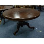 VICTORIAN CARVED MAHOGANY TILT-TOP BREAKFAST TABLE,the moulded circular top above a crossbanded
