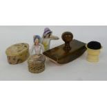 TWO 1920's CHINA PIN CUSHION HALF FIGURES, VICTORIAN CARVED BONE PIN CUSHION, 'BETHLEMHEM' OLIVE