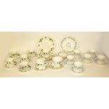 TWENTY SEVEN PIECE COLCLOUGH CHINA TEA SET FOR SIX PERSONS, PRINTED WITH GREEN VINE LEAF BORDERS,