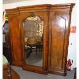 VICTORIAN BURR WALNUTWOOD THREE DOOR BREAKFRONT WARDROBE, WITH HANGING TO THE SIDES AND SLIDES AND
