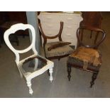 TWO VICTORIAN BALLOON BACKED DINING CHAIRS AND ANOTHER WHITE PAINTED (3)