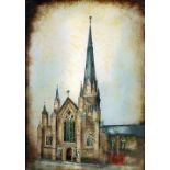GEORGINA SHAW PAINTING ON GLASS 'Salford Cathedral', 1983 labelled verso 7" x 5" (17.8cm x 12.7cm)