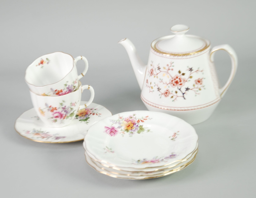 ROYAL CROWN DERBY CHINA TEA SET, FORMERLY FOR SIX PERSONS 'DERBY POSIES' DESIGN, viz 6 fluted