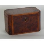 EARLY NINETEENTH CENTURY BURR YEW WOOD AND LINE INLAID TEA CADDY, of canted oblong form with two