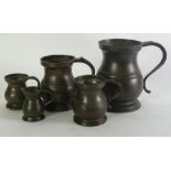 GRADUATED SET OF FIVE VICTORIAN PEWTER 'BELLY' MEASURES, Half gill quart, 2 3/4" x - 6 1/4" (7cm -
