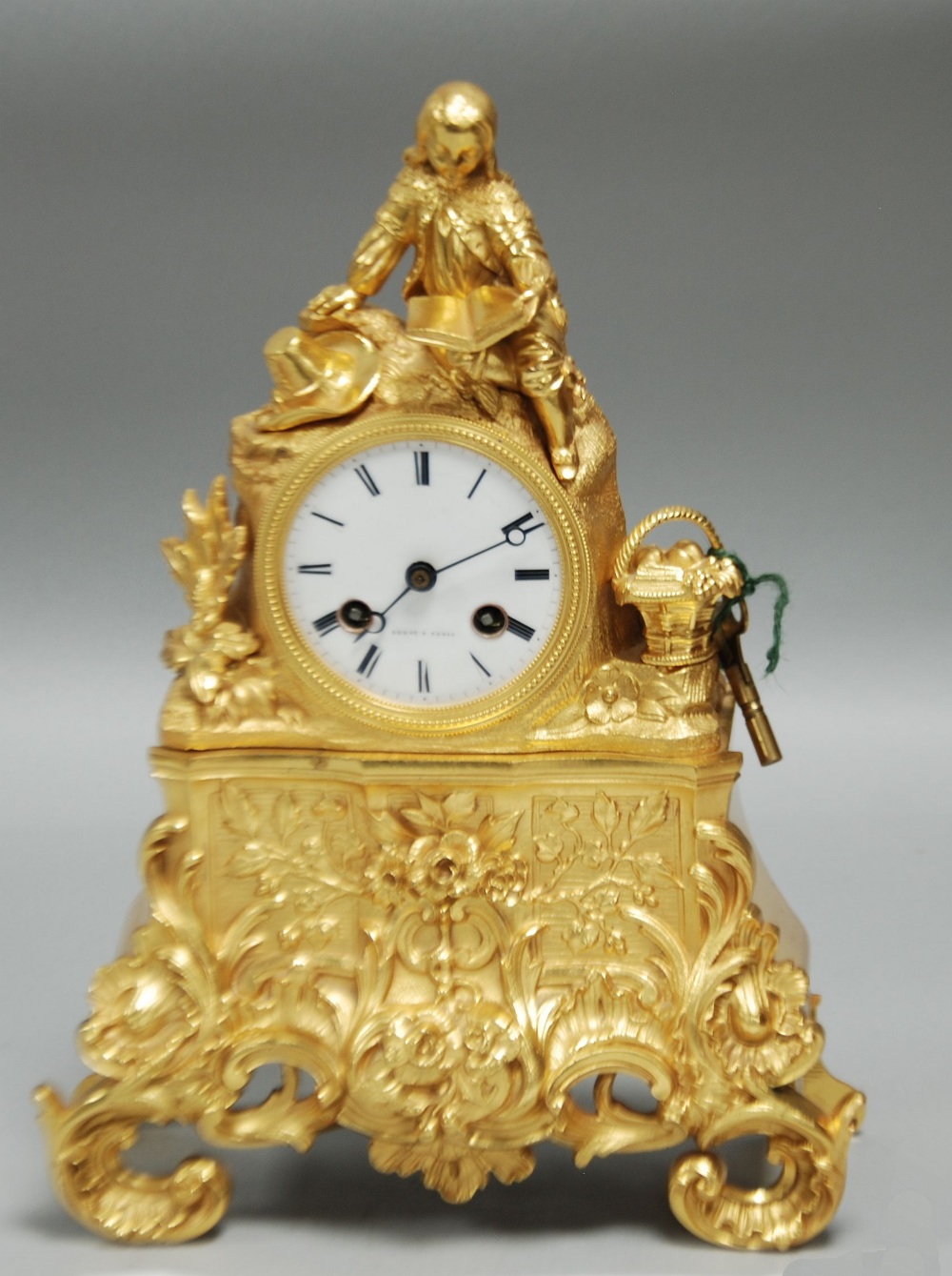 19th CENTURY FRENCH ORMOLU CASED MANTEL CLOCK, the dial with roman numerals inscribed Leroy a Paris,