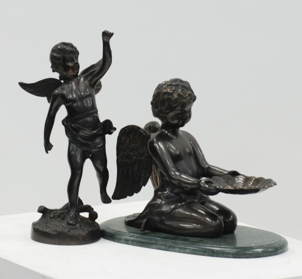 MODERN BRONZED METAL FIGURE OF A CHERUB, ANOTHER OF A CHERUB KNEELING HOLDING A SHELL RECEIVER on
