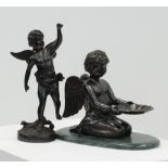 MODERN BRONZED METAL FIGURE OF A CHERUB, ANOTHER OF A CHERUB KNEELING HOLDING A SHELL RECEIVER on