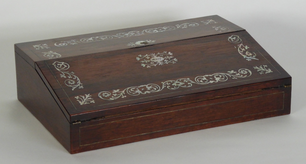 VICTORIAN MOTHER O'PEARL INLAID ROSEWOOD WRITING SLOPE, the sloping top decorated with central