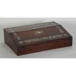 VICTORIAN MOTHER O'PEARL INLAID ROSEWOOD WRITING SLOPE, the sloping top decorated with central