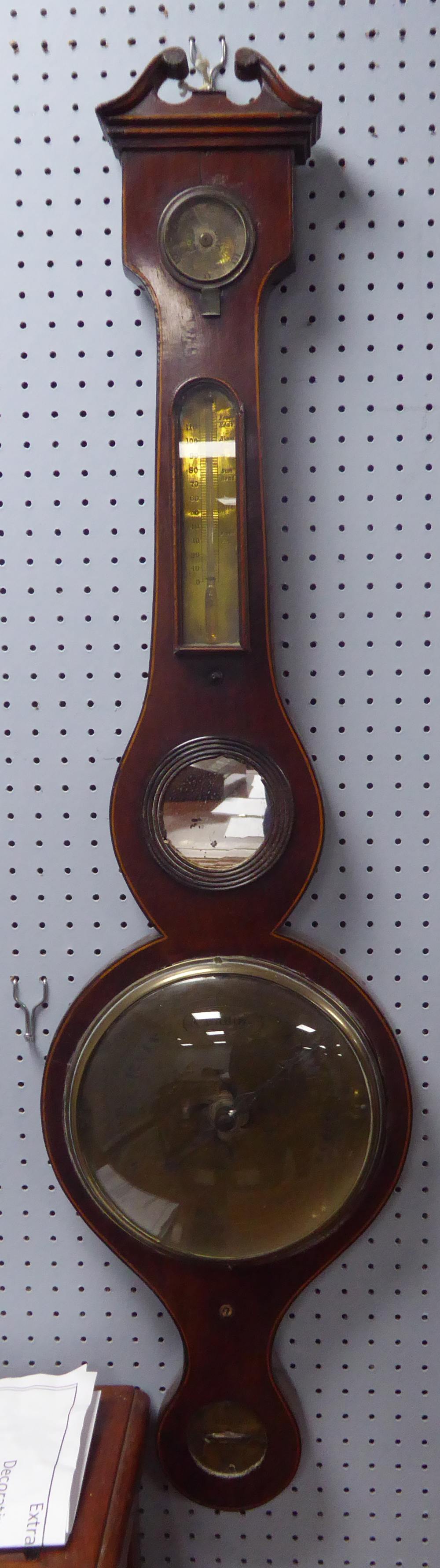 NINETEENTH CENTURY MAHOGANY BANJO BAROMETER, with 8" silvered dial, hygrometer, alcohol thermometer,