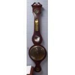 NINETEENTH CENTURY MAHOGANY BANJO BAROMETER, with 8" silvered dial, hygrometer, alcohol thermometer,